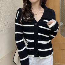 여성 줄무늬 단추 가디건 카라넥 데일리