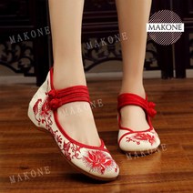 할머니 선물 전통 꽃신 여성 한복 꽃 신발 혼례 폐백 블루 플랫 구두 무늬 어르신 노인