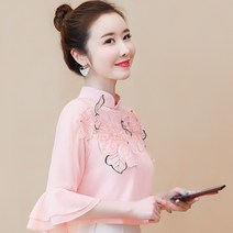 레이스 이너 셔츠 0여름 자수 큐빅상감 쉬폰 여성 반팔 중국식 부처님 티 유니폼 505373548