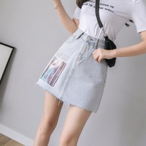 가바바 여성 청스커트 심플 포토 프린팅 포인트 데일리 여름 데님 미니스커트 G36751