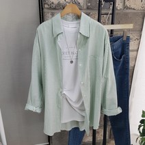 상상그이상 여성용 국내제작 바이오줄지 스트라이프 긴팔 기본 셔츠 루즈핏 간절기용 레이어드룩 파스텔컬러 줄지셔츠 가성비 좋은 단정한 카라넥 데일리룩