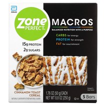 ZonePerfect MACROS Bars Cinnamon Toast Cereal 5 Bars 1.76 oz (50 g) 각 1팩