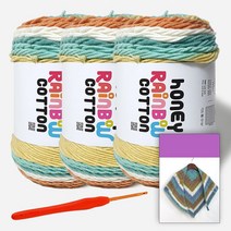 [니뜨] 2022 허니레인보우코튼(100g)x3볼+레인보우코튼삼각숄도안+후르츠모사용코바늘 5/0호, 537_민트오렌지
