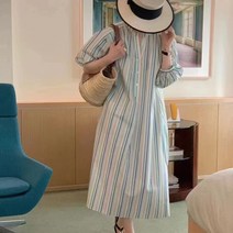 잔잔한 컬러 세로줄 배색 스트링 루즈핏 셔츠 원피스