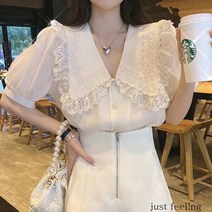 just feel!ng 여성 여름 브이넥 레이스 빅칼라 퍼프소매 블라우스 반팔 티셔츠 기본티 남방 하객룩