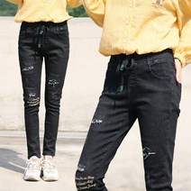 동대문스타일 여자청바지 S~XL 빈티지 덧댐구제 스판 밴딩청바지 슬림일자핏 여성 블랙진