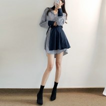 요시아나 [당일발송] 유니크한 헤르쉬 스트라이프 셔츠 미니 원피스와 랩스커트 세트