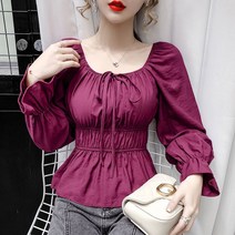 스퀘어 넥 블라우스 셔링 칼라 퍼프 슬리브 여성 탑스 오프 숄더 핏 셔츠 주름 탄성 허리 패션 캐주얼