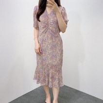 플라워 쉬폰 마블링 브이넥 셔링 머메이드 프릴 퍼프 롱 원피스