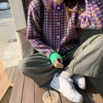 베러댓걸 여성용 봄 가을 캐주얼 비비드 컬러 포인트배색 하운드투스 니트 기본가디건