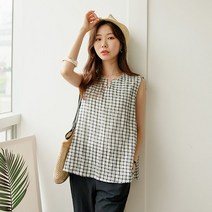 그녀희제 살랑 체크 린넨 나시 블라우스