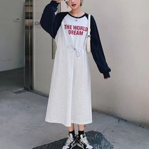 스타일아유 도톰한 맨투맨 배색 레터링 기모 빅사이즈 스트링 롱원피스 여성 긴팔 가을 겨울 데일리 원피스