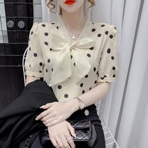 도니와 여성 쉬폰리본 도트블라우스 2컬러 브이넥블라우스