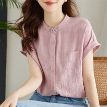 모아레코 디어 면 차이나칼라 롤업 블라우스