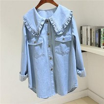 청난방 피터팬 칼라 데님 셔츠 여성 스위트 프릴 블라우스 여성용 빈티지 패션 캐주얼 상의