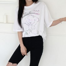 네쥬 여성 봄 여름 오버핏 라운드 캐릭터 반팔 티셔츠