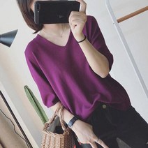 부드러운반팔니트 여성 루즈핏 겨울 가을 브이넥 부드러운 반팔 여름 봄 여자 라운드넥 브이넥 빅사이즈 기본 데일리 컬러