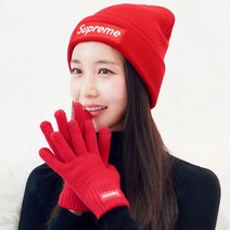 커플2종세트 남녀공용 슈프림 자수로고 니트비니 방한 스마트폰 터치장갑