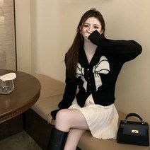 유니크 패치 자수 리본 니트 가디건 겨울 감령 양기 스웨터녀
