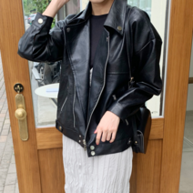 오슈 여성 가을 꾸안꾸 데일리룩 레더 심플 오버핏 라이더자켓