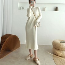 일자핏 무릎까지 오는 롱 니트 원피스 여성 긴팔 202년 가을 겨울 기모 이너 스웨터 이너 롱스커트 changqun