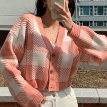 스타일아유 여자 봄가을 단추 브이넥 격자 털실옷 니트 가디건