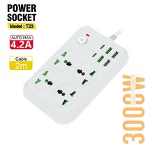 멀티 탭 플러그 콘센트 전원 스트립 AC 프라이즈 연장 코드 전기 소켓 PD USB C 포트 전화 고속 충전기 네트워크 필터 EU UK US, 미국 플러그 - T23 White
