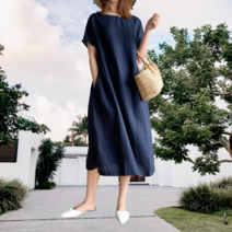 캐주얼 면마 원피스 여성용 린넨 롱 셔츠 스커트 라운드넥 중년여성 원피스