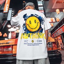 S-8XL 유럽과 미국 스타일의 성격 편지 스마일 반팔 티셔츠 남성과 여성 커플 착용 트렌드 하이 스트리트 오버 사이즈 면화 느슨한 모든 경기 십대 학생 5 점 소매 남성 의류