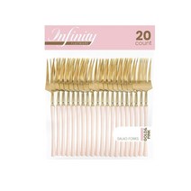 Party Bargains 일회용 플라스틱 플랫웨어 수프 스푼 식기 20팩 핑크 골드 인피니티 모던 디자인 주방 실버웨어 커틀러리 저녁 식사 파티 뷔페 케이터링에, 20 Salad Forks, Pink Gold