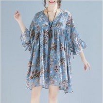ZAZX여성 빅사이즈 브이넥 플라워패턴 쉬폰 롱 대형블라우스 여성빅사이즈 대형셔츠