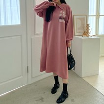 빅걸스토리 빅사이즈 여성 비레인 레터링 카라 박스핏 이지룩 롱 원피스