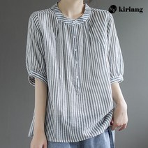 키리앙 렌 스트라이프 5부소매 블라우스