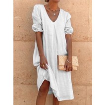 여성 캐주얼 느슨한 셔츠 드레스 여름 린넨 화이트 솔리드 컬러 드레스 롱 원피스 154