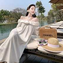 태교여행 롱 원피스 휴양지룩 루즈핏 오프숄더 드레스 프릴 심플 우아한 임부복 괌 하와이
