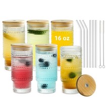KEMORELA 멋진 유리 뚜껑과 빨대가 있는 호브네일 음료 잔 6개 세트 473.2ml(16온스) XL 하이볼 버블 칵테일 올드 패션 음료 잔 스무디 주스 및 커피용 로맨