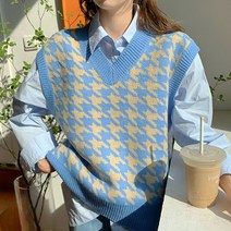 오버핏 니트 조끼 하운드 체크 베스트 레이어드 코디