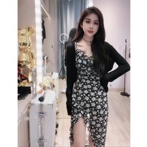 불규칙한 주름진 꽃 무늬 드레스 여성 여름 순수한 욕망의 바람과 바스락 거리는 기질 슬림 스플릿 서스펜더 스커트