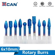 로터리바 xcan 1pc 6x10mm 텅스텐 카바이드 로터리 버스 슈퍼 나노 블루 코팅, 1pc g 유형