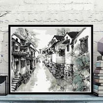 【TangZhen】유화그리기 유화그리기세트 diy 유화 디지털 유채화 수채화 산수풍경 DIY 손그림 장식화 신중식 거실 청신한 괘화, 40*50 조립 외곽선 배달(색상 비고), H723 수묵강남