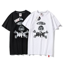 AAPE 조수 브랜드 티셔츠 뼈 원숭이 머리 회색 문자 패턴 인쇄 라운드 넥 풀오버 남성과 여성 느슨한 반팔