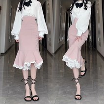 여성 레이스 스커트 투피스 슬림핏 원피스 긴팔셔츠 블라우스 머메이드 롱 스커트 세트 오피스룩 하객 모임룩