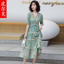 여름 비치 보헤미안 원피스 플라워 쉬폰 여 허리 여밈 날씬해 보이는 선녀 스커트 물결-99515
