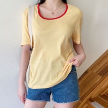 코지 여자 듀베르 배색 U넥 베이직 여름 포인트 반팔티