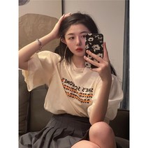 루즈 레터 프린트 네트 거즈 스티치 버블 반팔 티셔츠