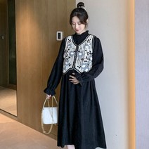 디애이치 플로얼 네트 베스트 블랙 러플 원피스 세트 루즈 임산부복