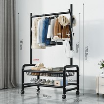 철제 스탠드 옷걸이 이동식 옷 행거 2단 수납 선반, 2단  블랙 길이 80cm, 대담하고 두꺼운 22 파이프 직경