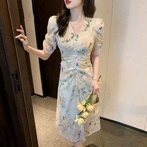 여자친구 선물 쉬폰 플라워 원피스 미디엄 브이넥 셔링 조임 티 스커트