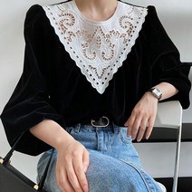 WHR 봄가을 여성 블라우스 티 라운드 벨벳 레이스 펀칭 배색 퍼프 빈티지 남방셔츠 빅사이즈