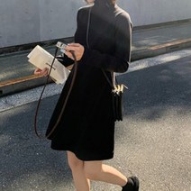 네쥬 여성 봄 가을 기본 무지 플레어 니트 폴라 미니 원피스